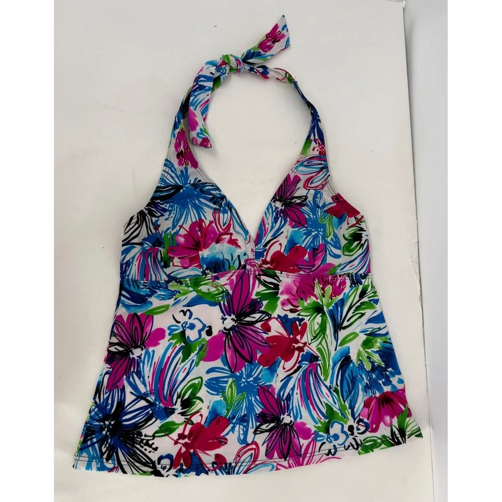 Fit 4 U Womens Floral Halter Tankini Swim Top Multicolor‎ V-Neck Sz 12